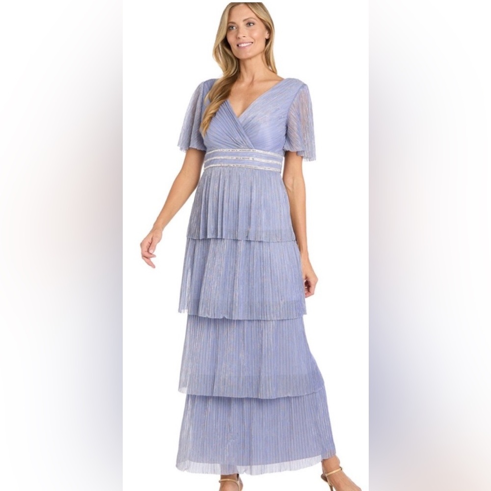 R & M Richards Lavender Tiered Maxi Dress with Metallic Accents